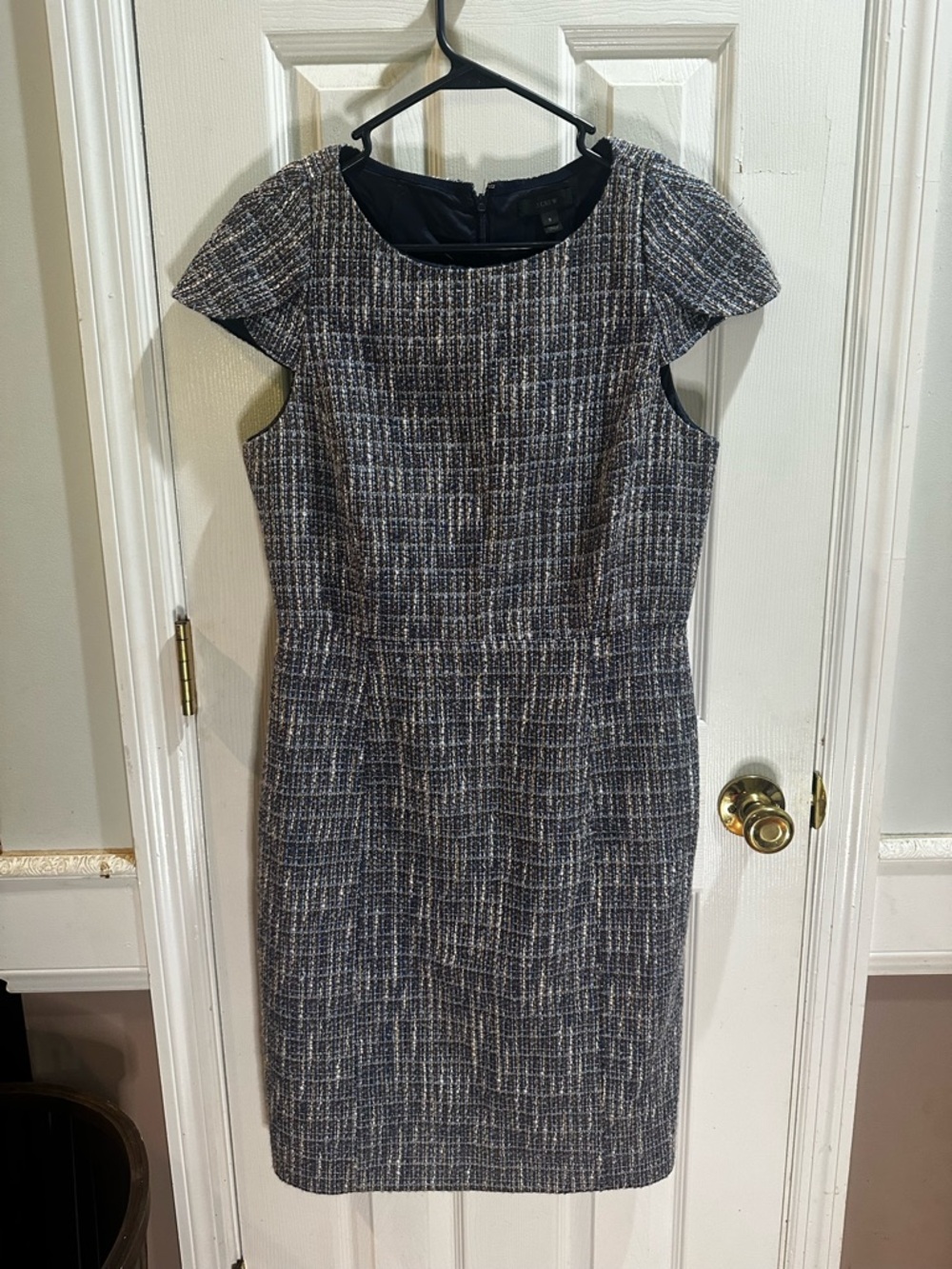 J. Crew Silvermist Blue Tweed Sheath Dress Flutter Sleeve Business Sz 8